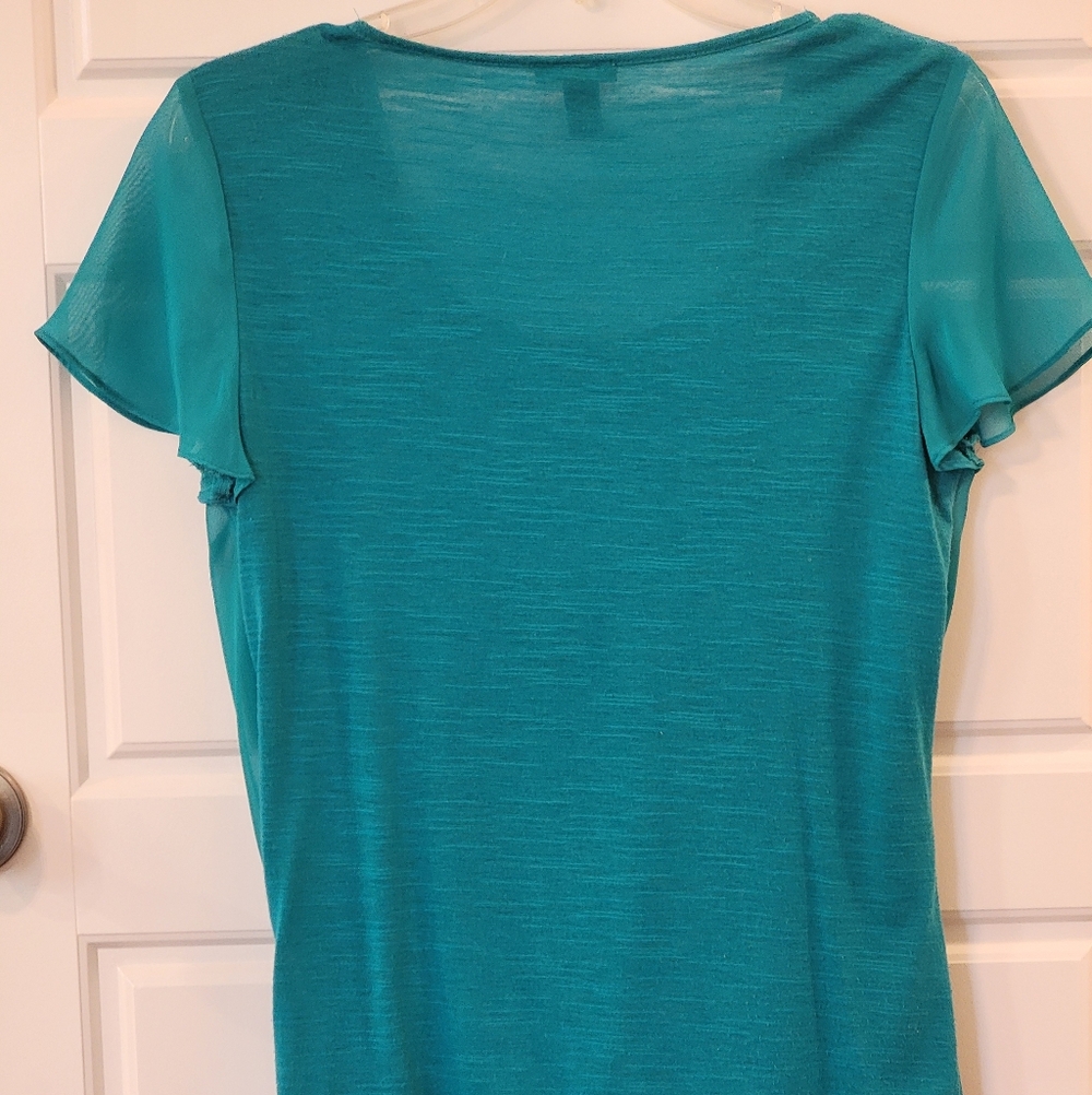 New Directions Teal Draped Short-Sleeve Blouse long beaded statement necklace Sm - Picture 15 of 15